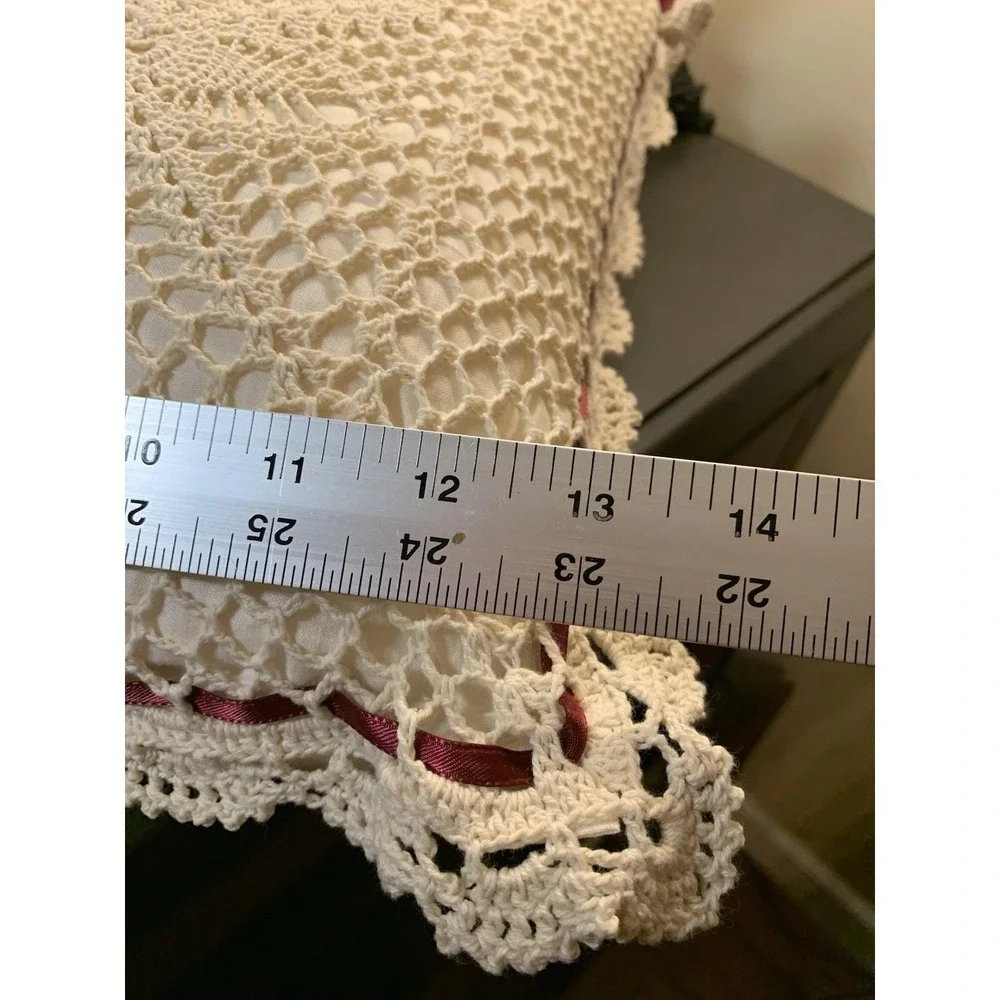 Vintage Crochet Lace Throw Pillow Cream Burgundy Ribbon Rosebuds Square 13x13